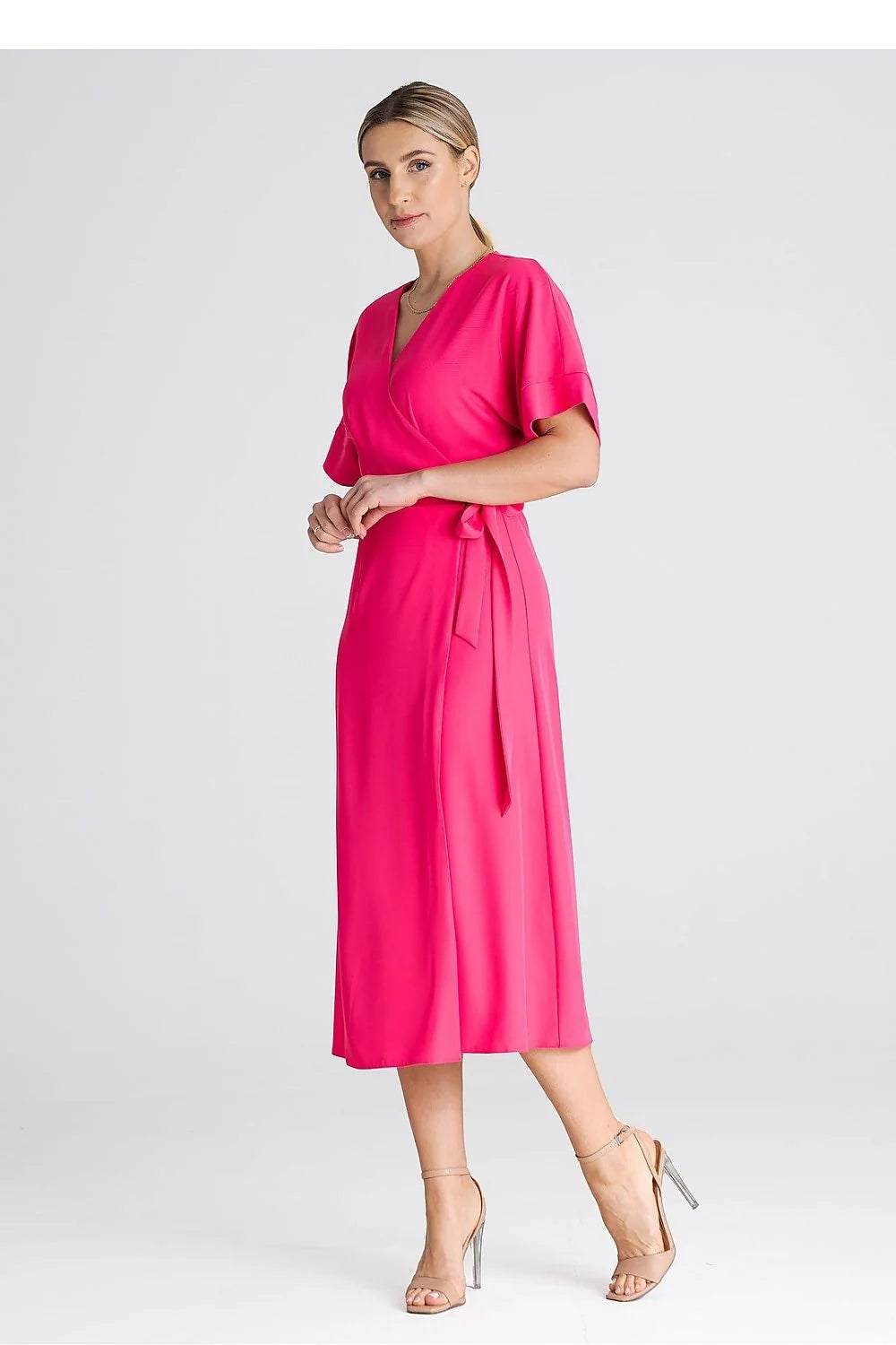 Robe de jour portefeuille couleur rose vif manches courtes ceinture latérale polyester femmes