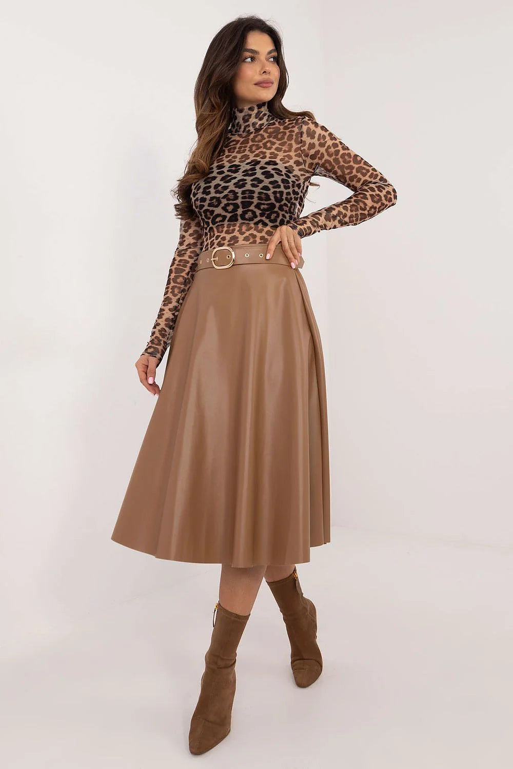 Robe de mode féminine imprimé léopard simili cuir camel taille haute ceinture dorée ajustable femmes occasion élégante