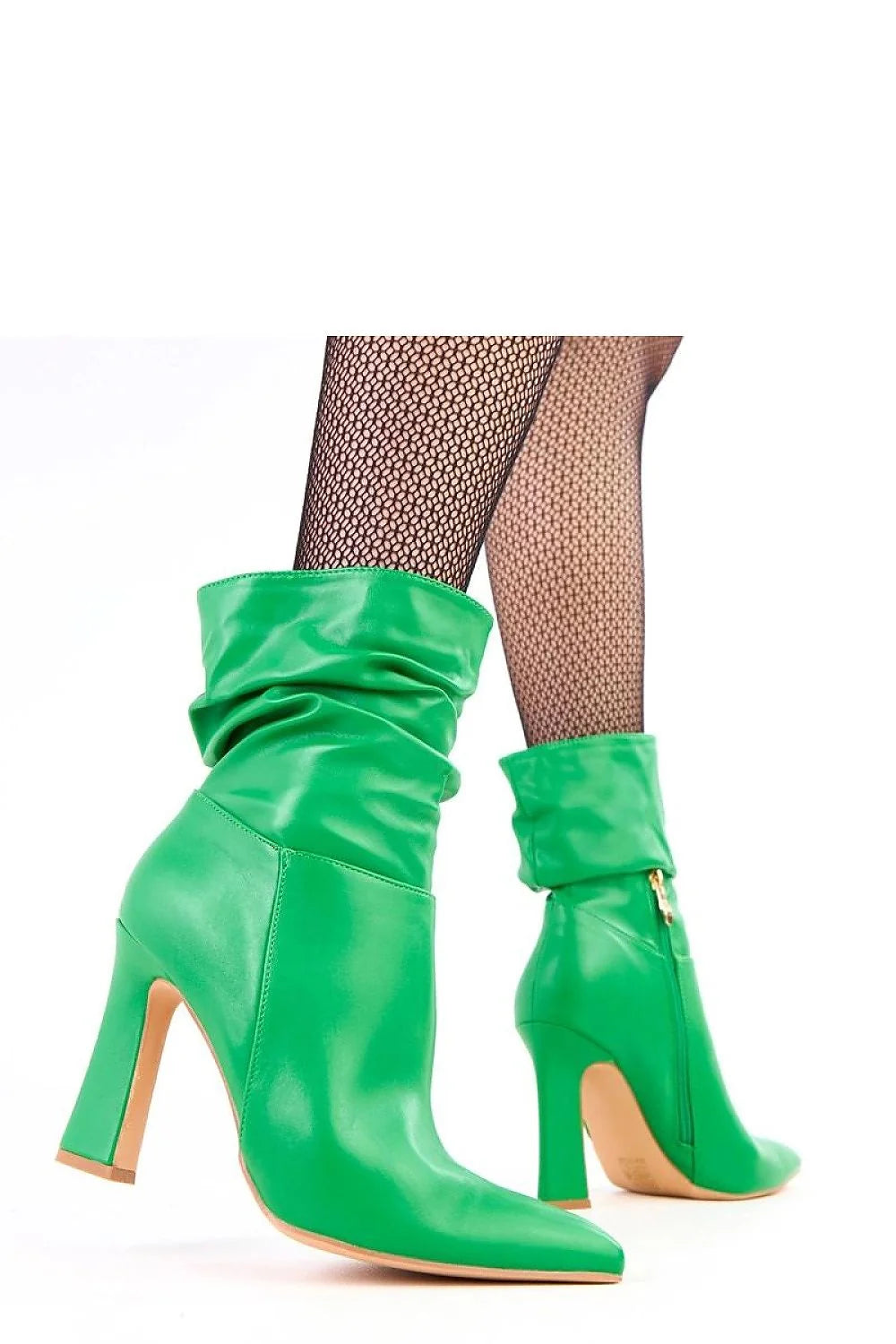 bottines talon haut sculpté bout pointu cheville tige froncée plissée vert émeraude cuir synthétique fermeture éclair dorée semelle beige confortable