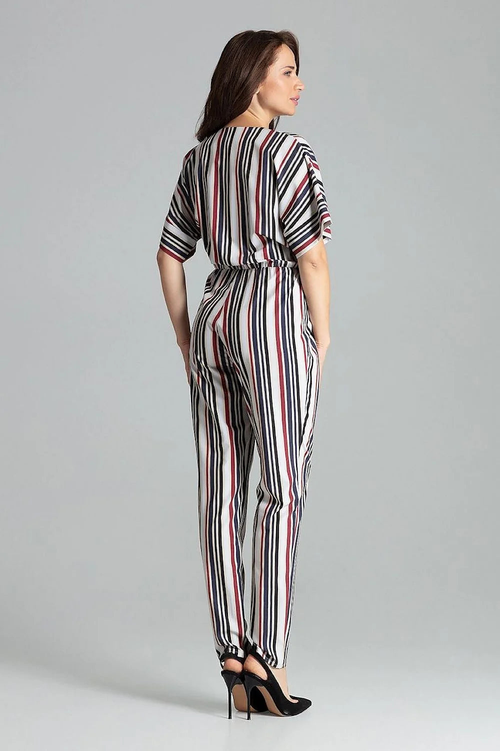 combinaison pantalon femme bleu électrique col V croisé manches kimono courtes taille cintrée élastique jambes droites effilées tissu fluide drapé
