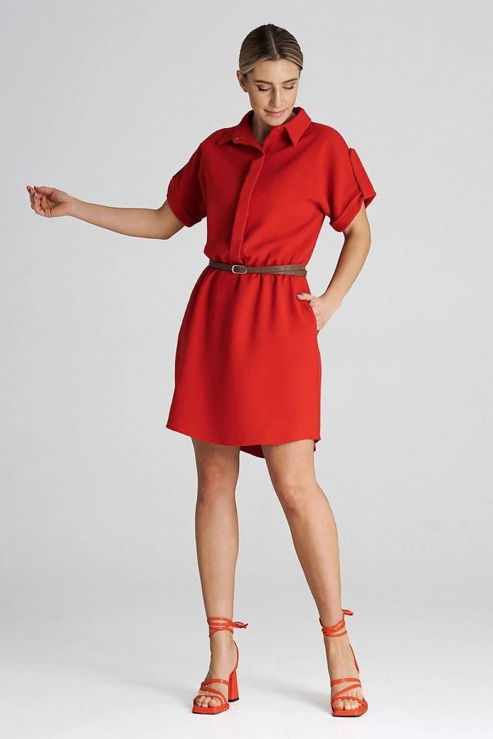 Robe de jour élégante pour femme couleur rouge vif ceinture ajustable col chemise manches courtes
