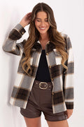 surchemise carreaux grands marron beige crème flanelle brossée coupe droite oversize col boutons effet bois poches plaquées manches longues