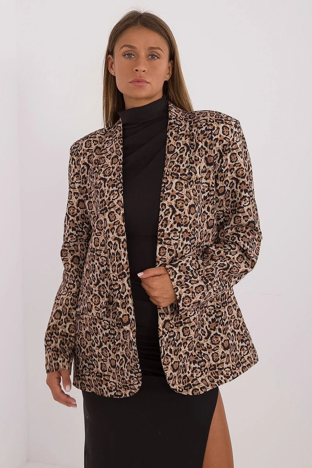 Veste Italy Moda pour femme, motif léopard, style audacieux, coupe oversize, manches longues, sans fermeture, blazer élégant, polyester élasthanne, doublure raffinée