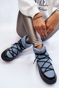 Bottes de neige Step in style pour femmes, style moderne urbain, matelassé bleu pastel, semelle épaisse caoutchouc, doublure fourrure, lacets noirs, finitions élégantes, confort thermique, protection froid, idéales urbains