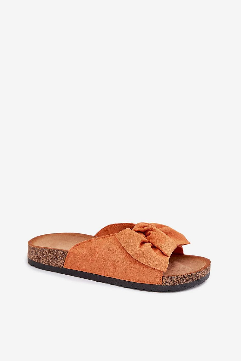 sandales femme suédine écologique orange terracotta semelle compensée liège légère anatomique rembourrée caoutchouc antidérapant nœud décoratif large ouvert maintien confortable