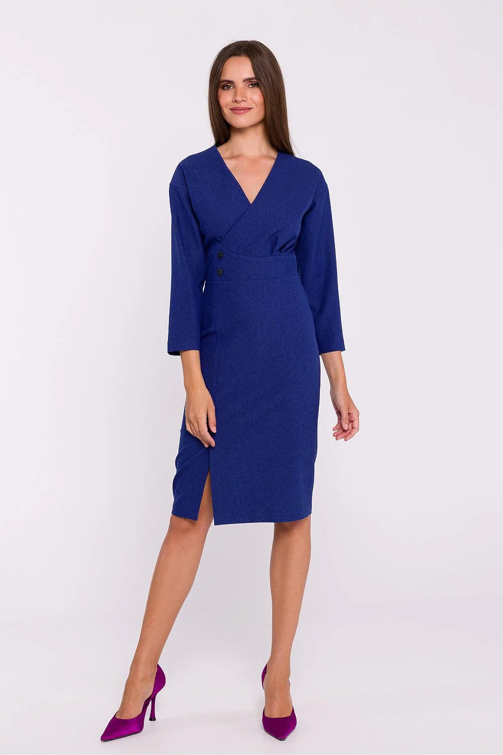 Robe de jour Stylove élégante bleu roi col V croisé manches longues évasées taille ajustée fente avant midi longueur femme