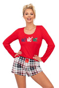 Pyjama femme festif haut manches longues motif Noël short carreaux rouge confort