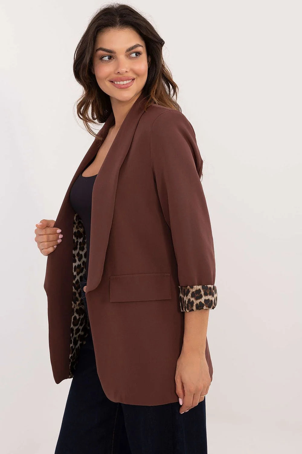 Veste élégante pour femme style décontracté manches longues couleur brun chocolat imprimé léopard doublée polyester polyvalente automne hiver printemps