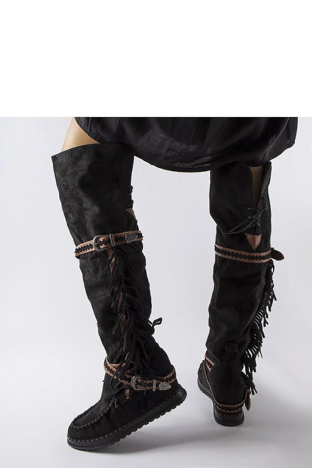 Bottes cothurnes Solea cuir suédé noir franges bandes géométriques boucle métallique talon compensé hiver femme