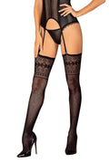 Bas autofixants pour femmes en dentelle florale noire, style sensuel et classique, coupe ajustée, élasthanne et nylon, lingerie fine élégante