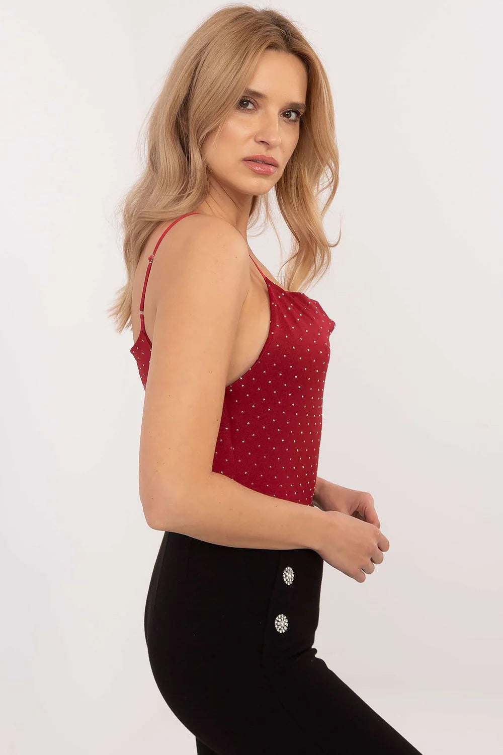 Ensemble chic pour femme débardeur camisole pantalon taille haute coupe ajustée matériau élasthanne satiné rouge noir