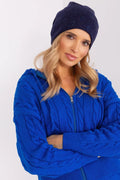 Bonnet et cardigan pour femme en laine acrylique bleu marine et électrique motifs brillants style moderne chic hiver automne