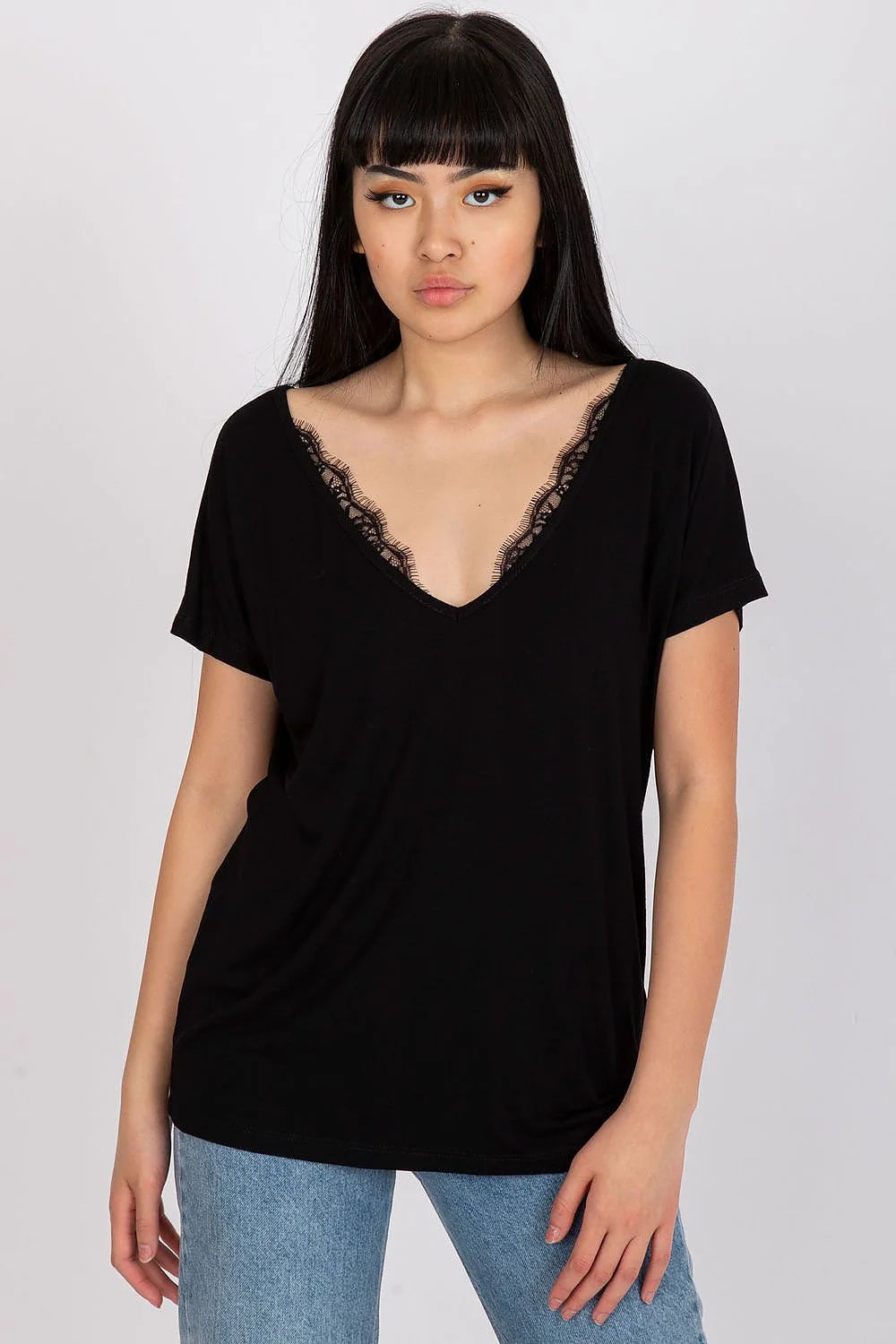 T-shirt BFG élégant pour femme en viscose élasthanne manches courtes encolure V dentelle noire taille ajustable polyvalent occasion jour soir