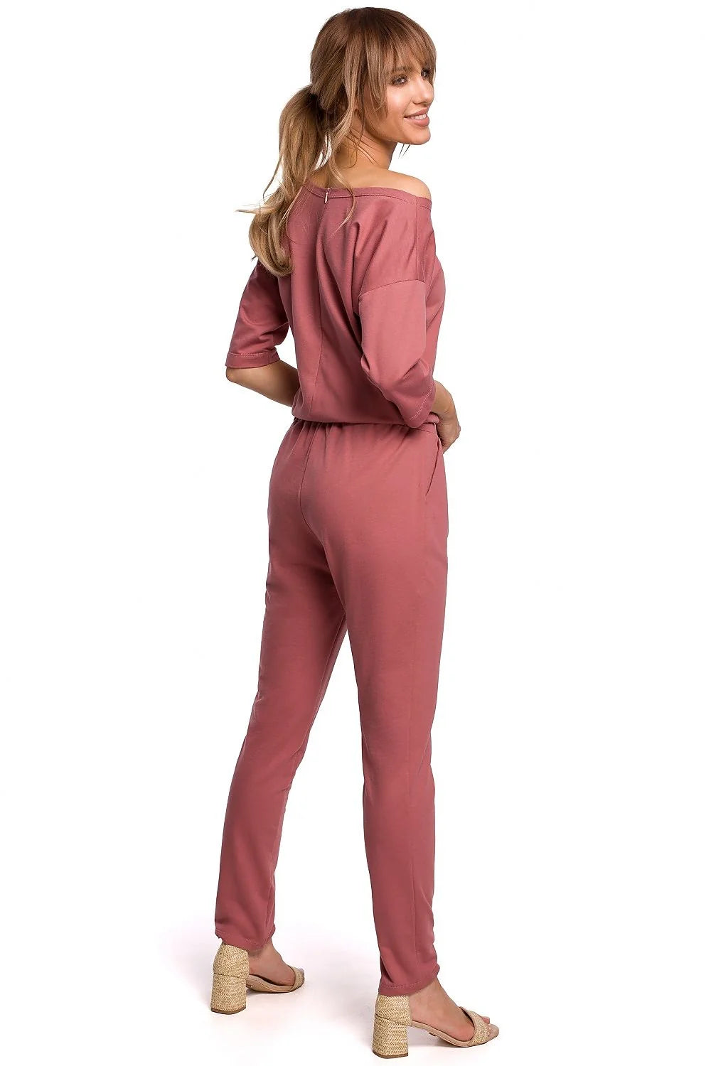 combinaison femme coton jersey gris clair décontractée chic élégante taille élastique manches trois quart épaule asymétrique poches latérales