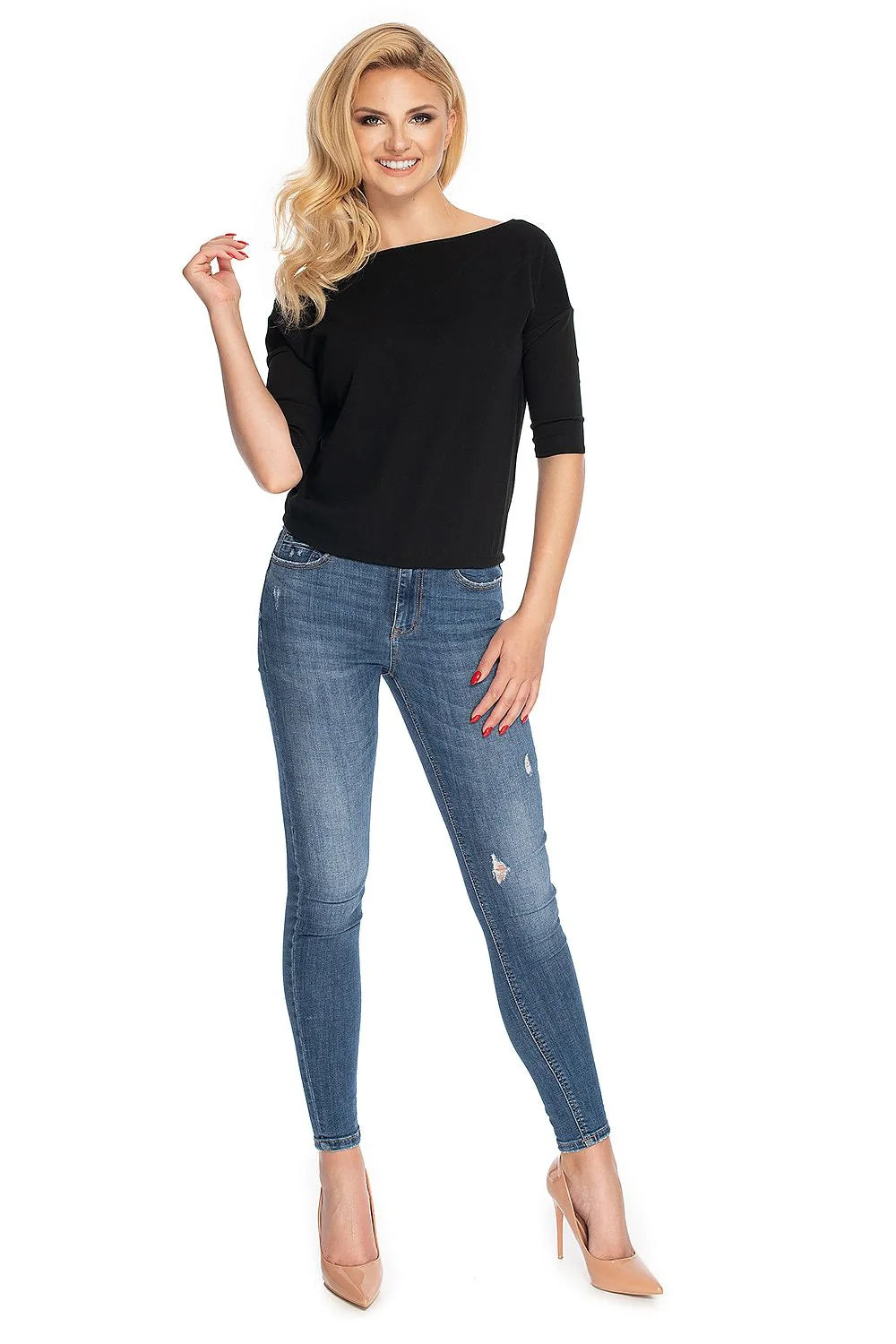 chemisier femme PeeKaBoo élégant confortable ajusté crêpe polyester léger fluide manches troisquarts encolure bateau bas élastique rose pâle polyvalent raffiné