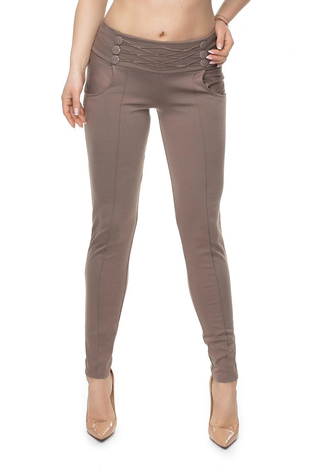 Pantalon long ajusté femme Pee Ka Boo slim fit taille basse boutons décoratifs longueur cheville visuels épurés polyester viscose