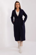 Manteau élégant pour femmes, coupe droite, longueur mollet, col à revers, ceinture intégrée, tissu noble, isolant thermique, bleu marine