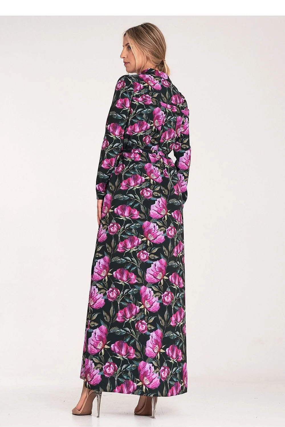 Robe de jour élégante longue manches longues motif floral rose violet noir taille ajustable femme