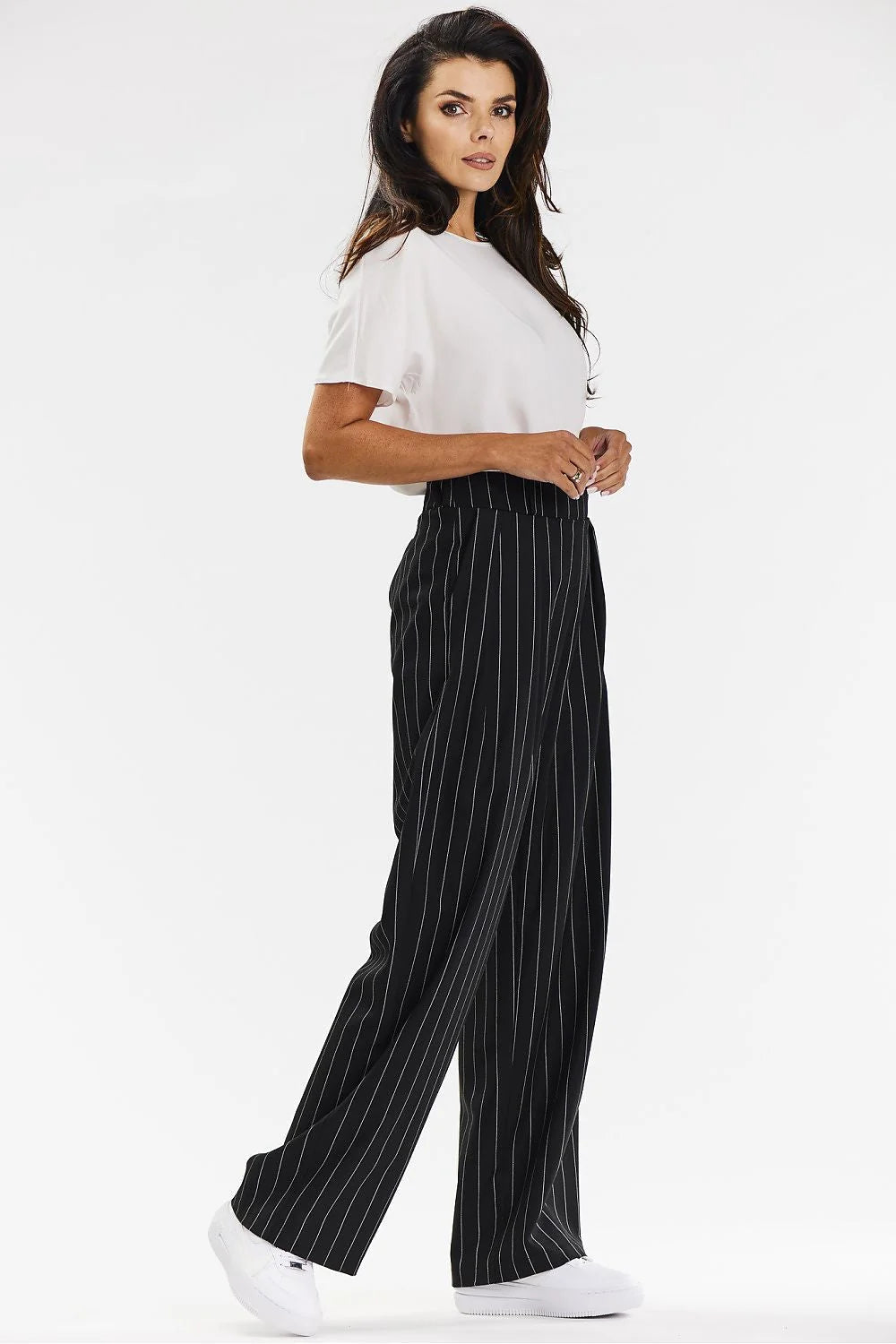 Pantalon femme awama large rayures noires et blanches haut taille élastique viscose occasion bureau quotidien