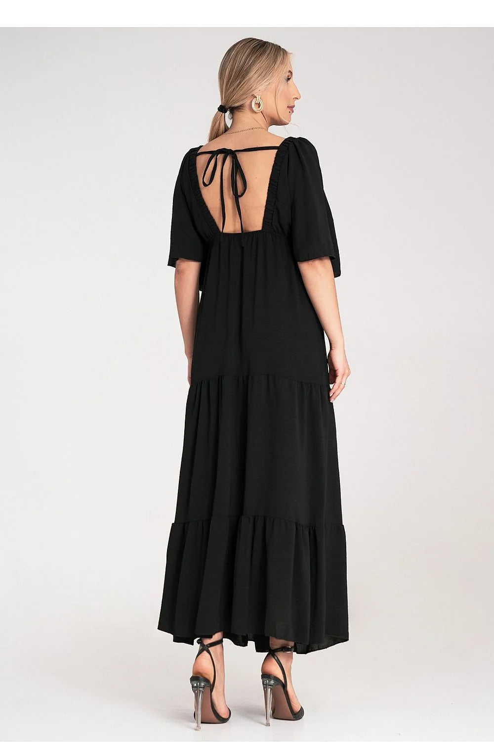 Robe de jour élégante A-lining V-neck papillon manches courtes volants polyester noire polyvalente femme