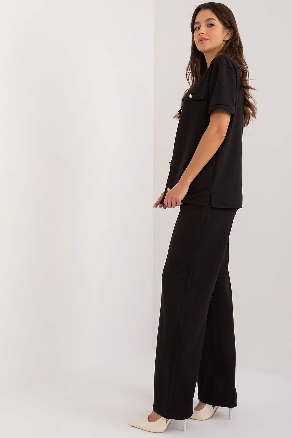 Ensemble pour femme élégant et confortable noir manches courtes pantalon large coupe droite occasionnels professionnels Lakerta