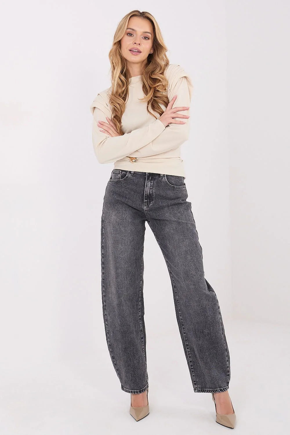 chemisier élégant manches longues encolure bateau épaulettes cousues plis épaules côtés décoration métallique polyester viscose doux confortable ajusté minimaliste polyvalent