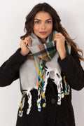 Foulard pour femme en mélange de laine et acrylique, motif carreaux multicolore, franges colorées, style classique et contemporain, accessoire hivernal élégant et confortable
