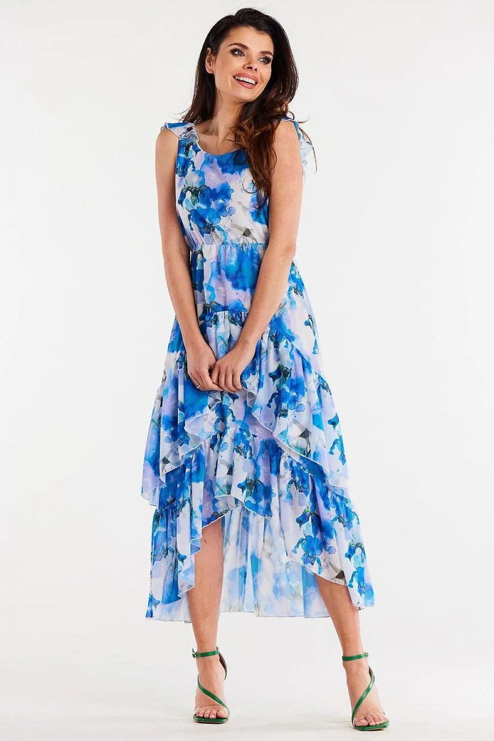 Robe élégante en mousseline imprimé floral bleu blanc violet asymétrique volants élastique taille ajustable femme