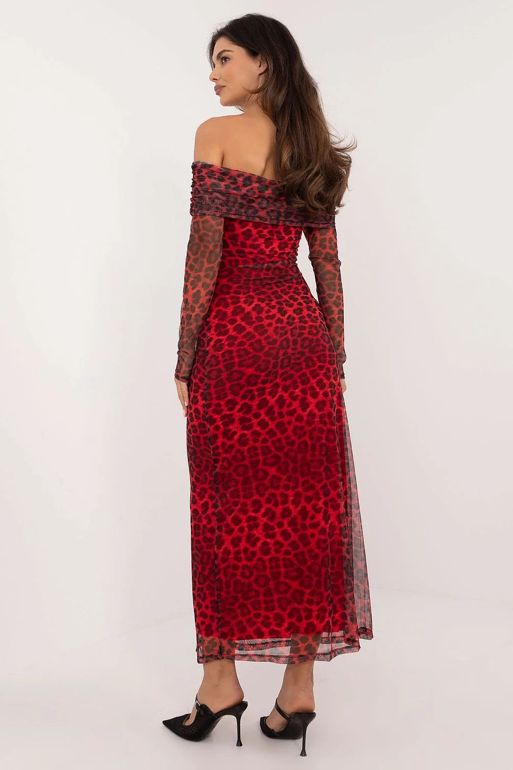 Robe de soirée élégante longue manches longues encaustique animalière rouge noire femme occasion formelle