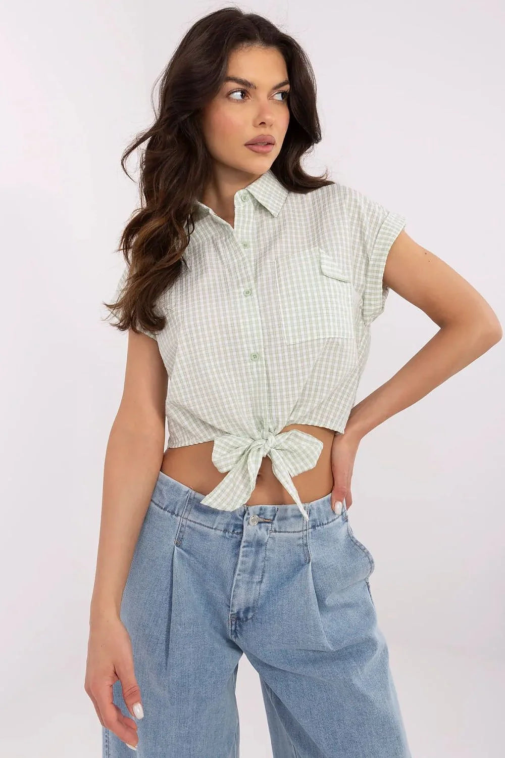 Chemisier femme cropped manches courtes nœud carreaux été mode élégant confortable coton polyuréthane taille ajustable