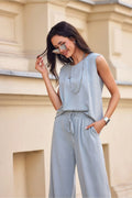 ensemble coordonné Roco Fashion bleu clair sans manches top ample pantalon palazzo taille élastique poches latérales