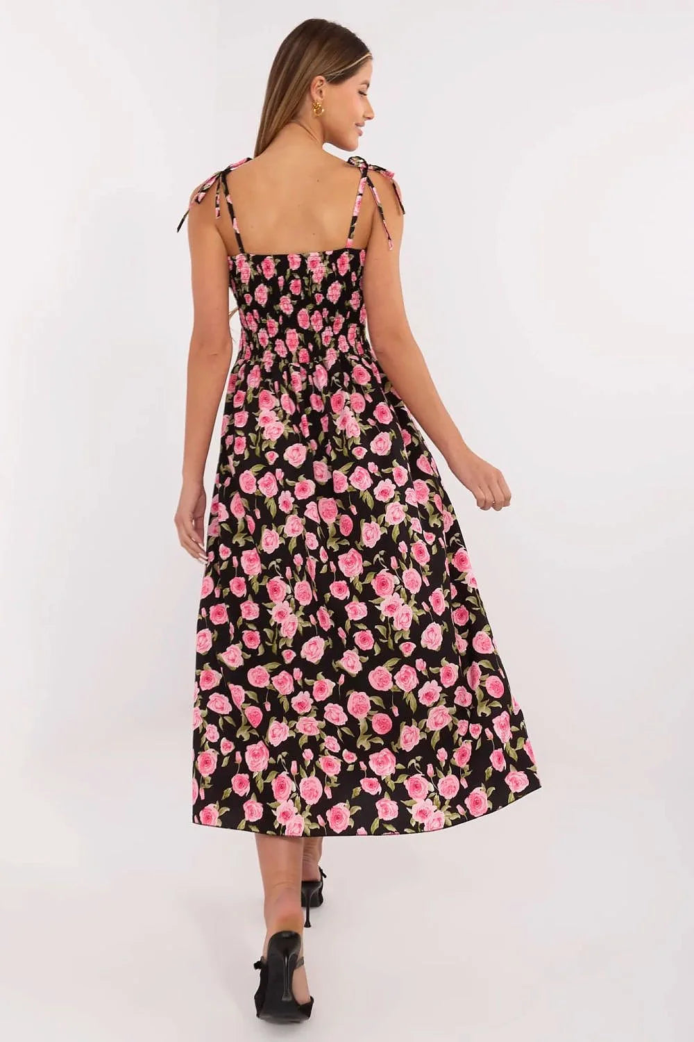 Robe bohème chic floral noir et rose longue manches courtes buste ajusté fente avant femmes