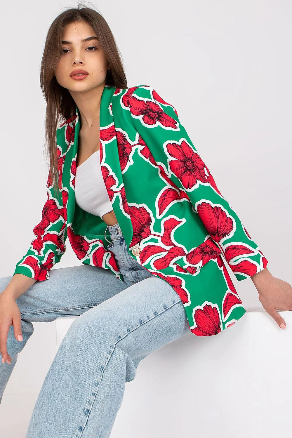 Veste femme Italie mode Floral polyester élasthanne manches longues col revers tailles S M L XL XXL