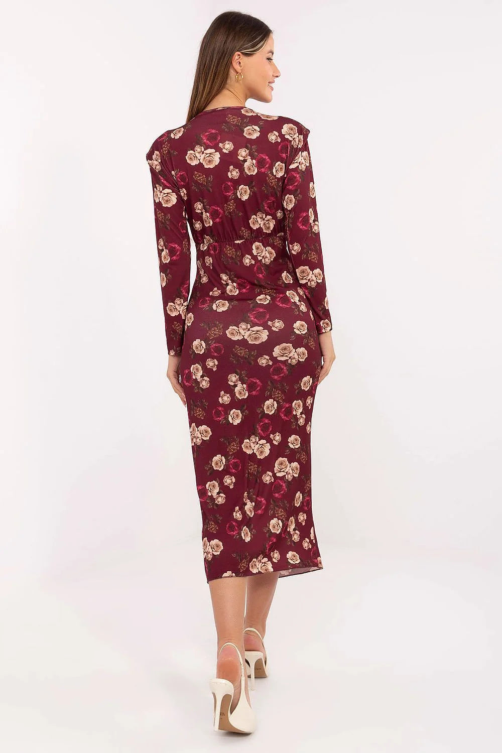 robe crayon midi bordeaux floral manches longues portefeuille fente cuisse cachecoeur froncée taille ceinturée boucle métallique viscose polyester fluide élégante