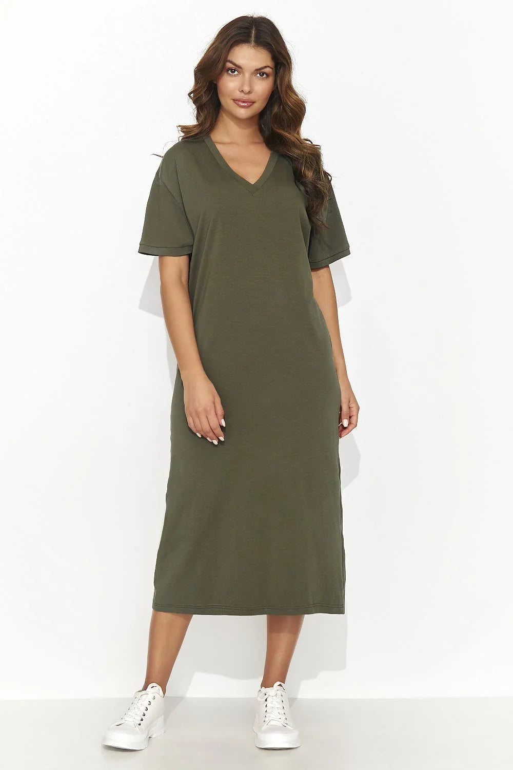 Robe de jour Numinou pour femme en maille vert olive style décontracté manches courtes encolure V fente dos