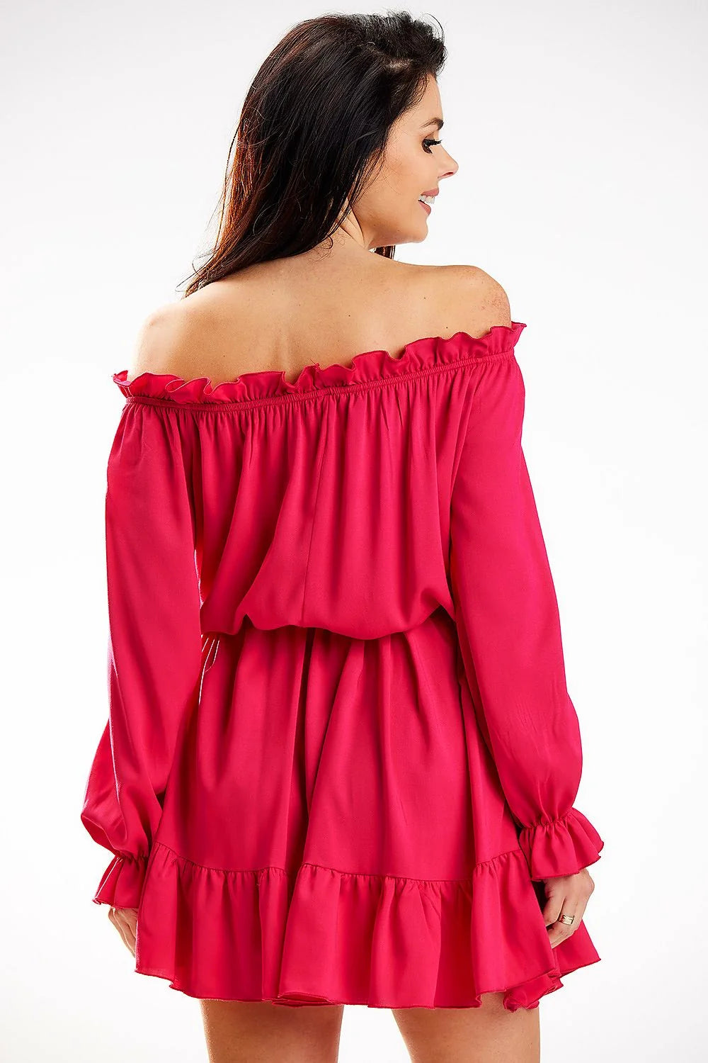 Robe de jour féminine style décontracté élégant couleur rose vif manches longues ceinture ajustable polyester viscose femme