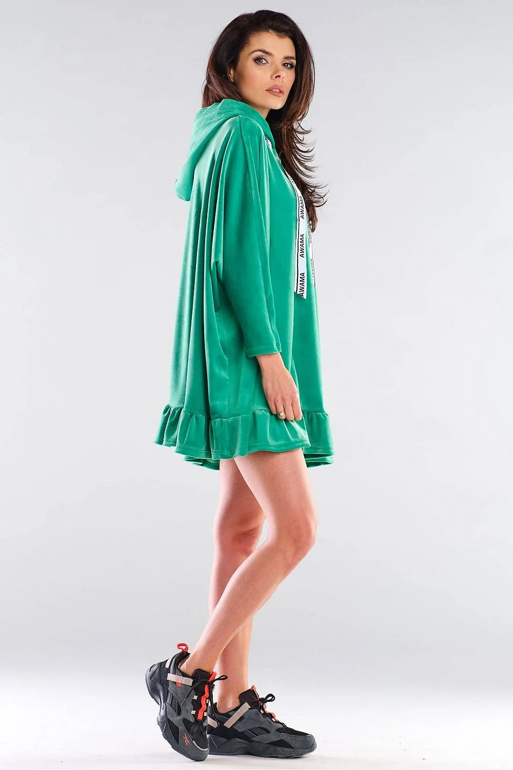 Robe décontractée à capuche polyester spandex verte ample confortable avec volants pour sorties féminines chic