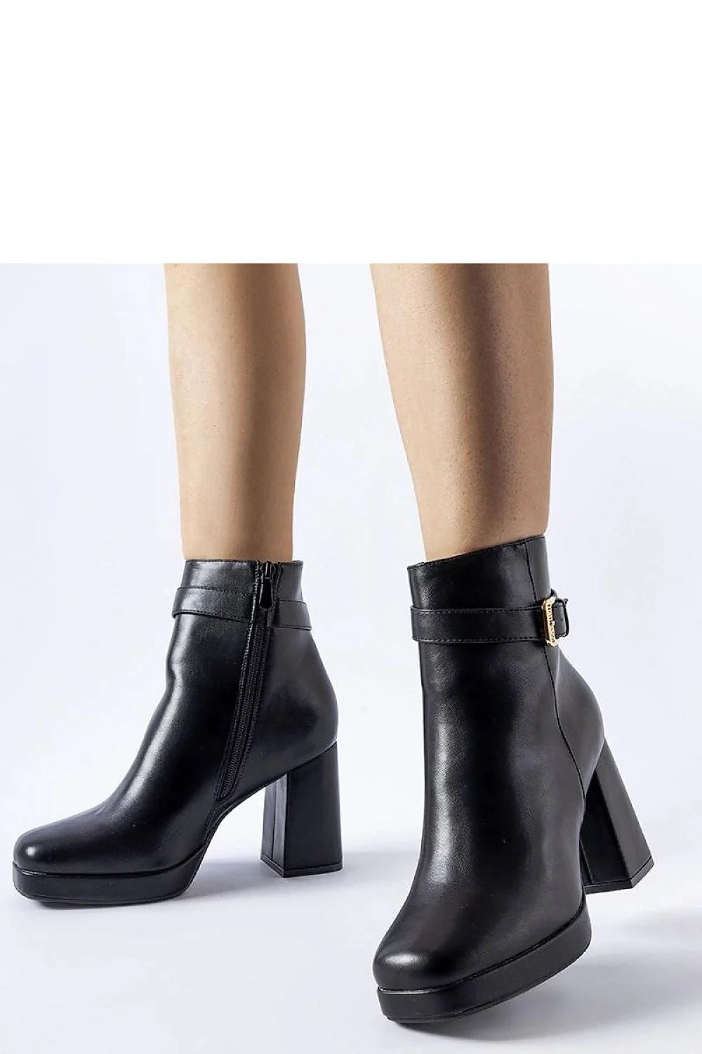 Bottes à talons carrés cuir noir style classique femme confortable élégance mode tendance sangle dorée zip latéral