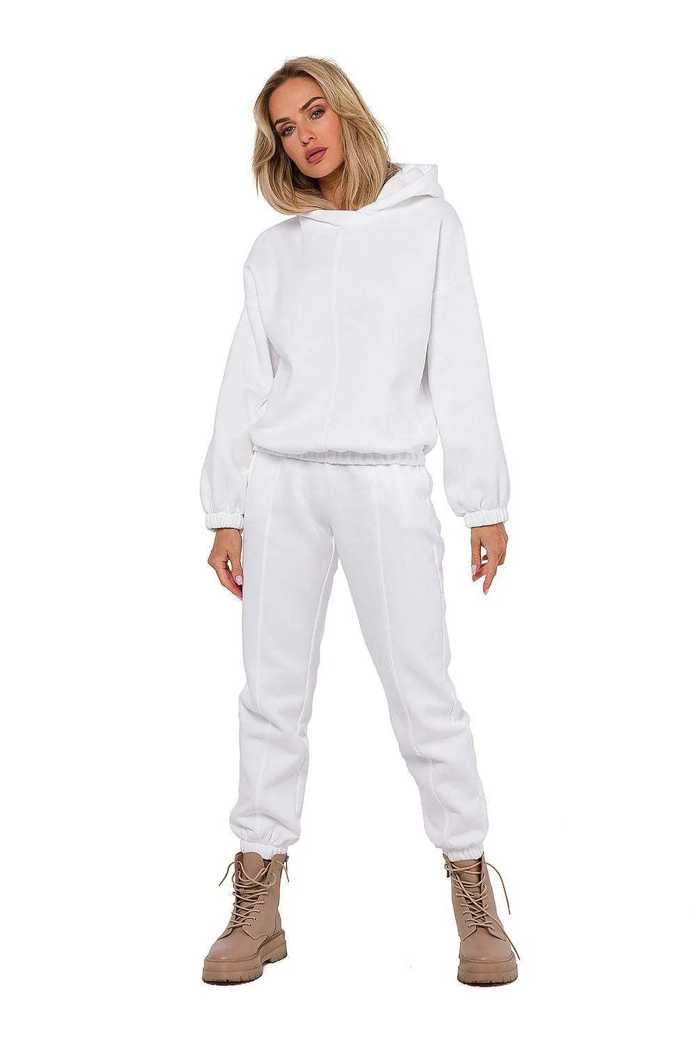Sweatshirt Moe à capuche en maille drapée femme manches longues élastique ourlet couleur blanc style décontracté