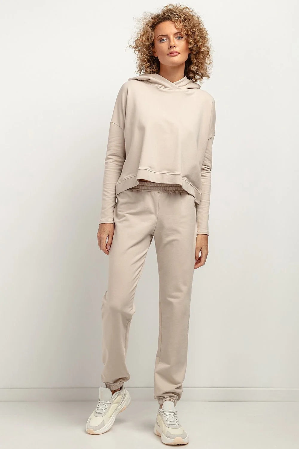 Ensemble survêtement femme sweat à capuche et pantalon jogging coupe ample élastique respirant coton polyester beige clair