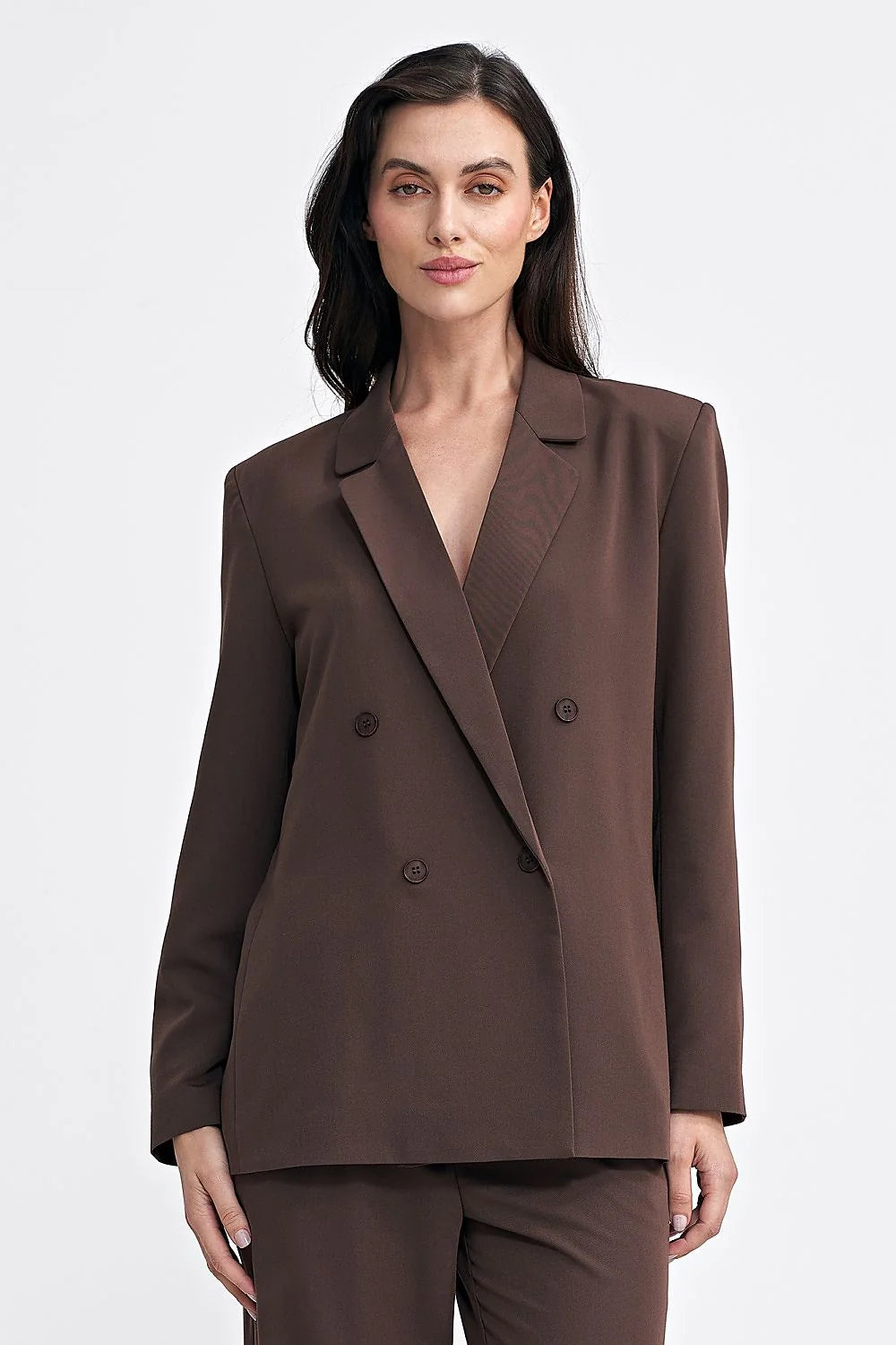Veste élégante pour femme blazer oversize col classique manches longues épaulettes discrètes couleur marron chocolat