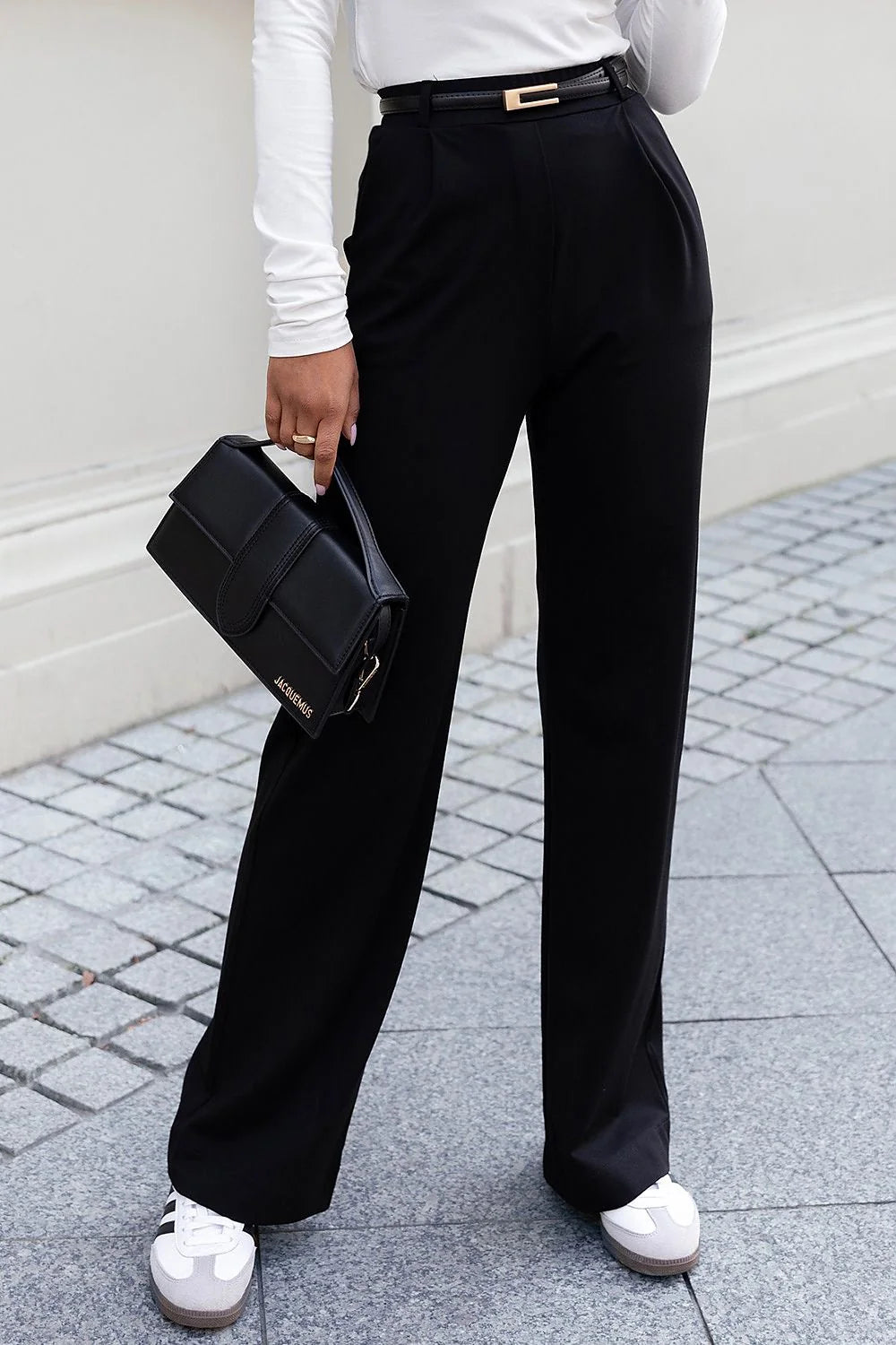 IVON pantalon femme noir tailleur coupe ample taille haute viscose molletonnée tombé élégant pinces discrètes poches zippées boucle dorée