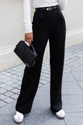 IVON pantalon femme noir tailleur coupe ample taille haute viscose molletonnée tombé élégant pinces discrètes poches zippées boucle dorée