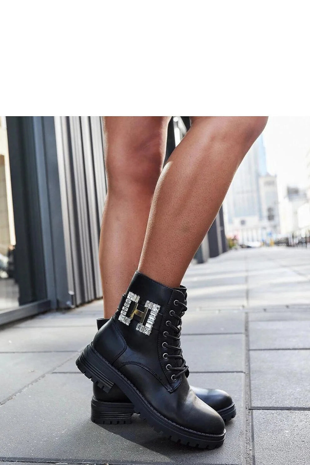 Bottes militaires femmes cuir noir style combat laçage métallique ornement zircons éclat élevé confort semelle caoutchouc