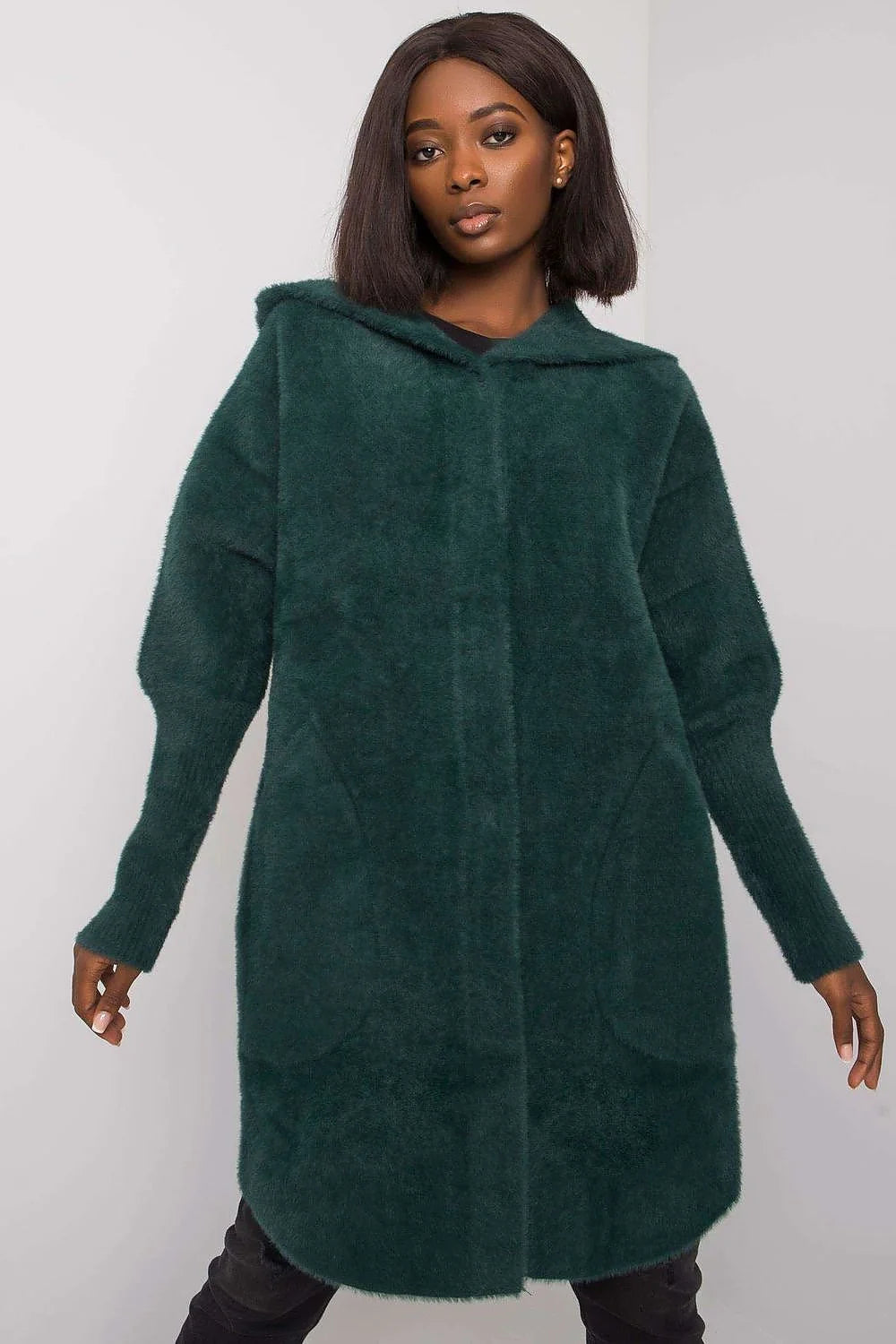 Manteau pour femme long élégant vert profond capuche matière douce poches latérales universelle femmes automne hiver