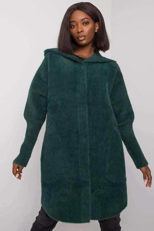 Manteau laine synthétique vert profond long droit capuche manches longues ajustées poches latérales moderne élégant automne hiver femme