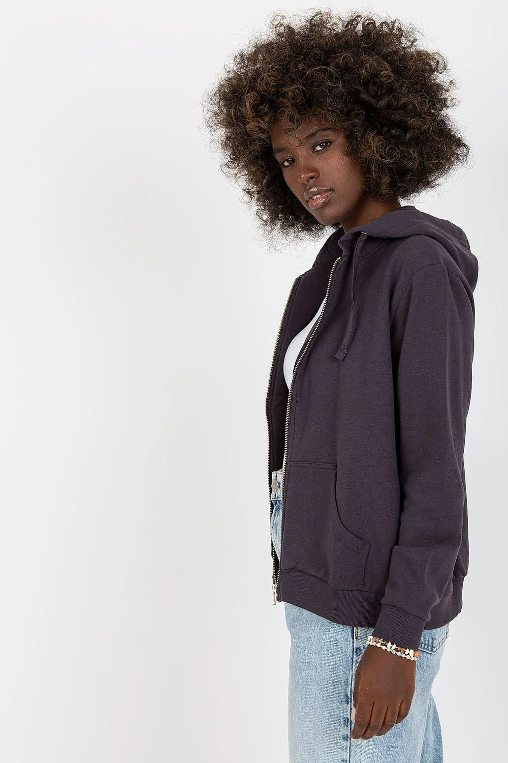 Sweatshirt femme capuche manches longues coton polyester gris foncé style casual occasion quotidienne
