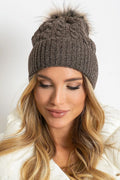 Bonnet d'hiver moderne élégant à bord côtelé et pompon en fourrure fausse pour femme, maille tricotée acrylique coton cachemire