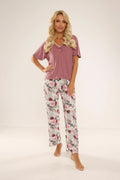 Pyjama femme deux pièces style loungewear confortable élasthanne viscose manches courtes pantalon long floral