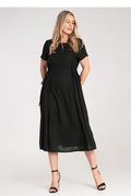 Robe midi noire pour femmes manches courtes encolure ronde tissu fluide taille ajustable occasion versatile robe classique élégante polyester 100%